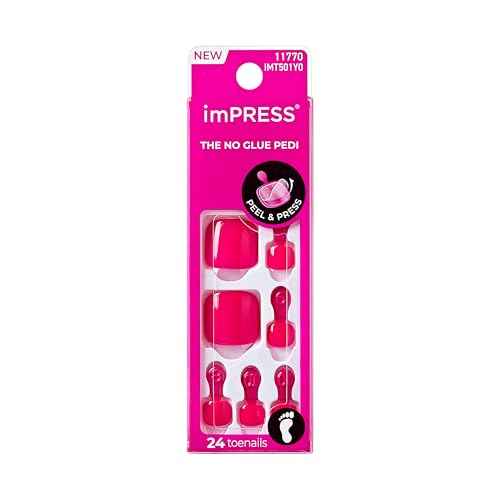 KISS imPRESS No Glue Mani 30 Pcs Press On Toenails, Hot Pink Stick On Extension False Nails for Toes, Peel & Press Easy Apply, Hassle-Free Removal, Includes Manicure Stick, Prep Pad & File