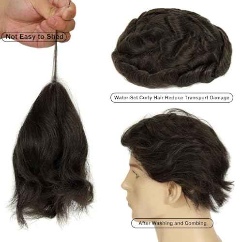 0.08mm PU Skin Human Hair System for Men, 8x10 Inch PU Base Knotless V-Looped Hairline 110% Medium Density Toupee #4 Medium Brown