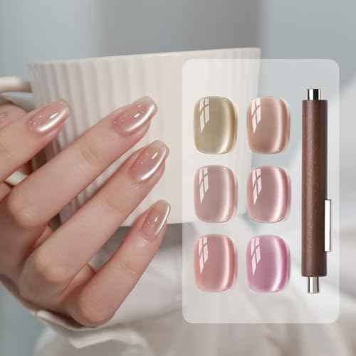 GAOY 16ml 6 Colors Sheer Cat Eye Gel Polish Set, Light Pink Purple Shimmery Holographic Cat Eye Gel Nail Polish with 3 Heads Magnet, UV Lamp Cure for Nail Art DIY, Velvet Moonlight