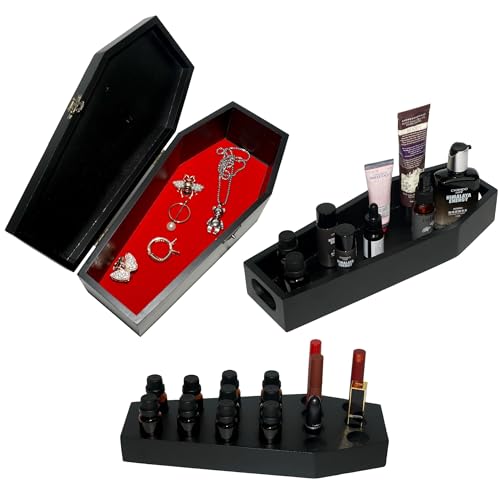 Gothic Coffin Storage Box Set 3 Pack - Spooky Dark Aesthetic Vanity Organizer, Wooden Makeup Jewelry Kit with Tray, Lipstick Holder & Jewelry Box