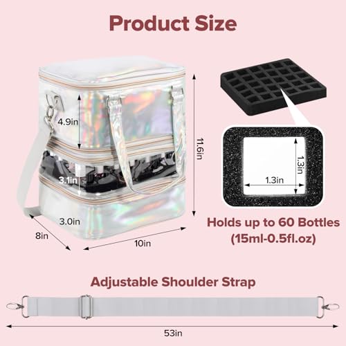 Nail Polish Organizer Case, 3 Layers Removable Nail Polish Storage Bag Holds 60 Bottles and Nail Lamp with Shoulder Strap Portable Holographic PU Leather Nail Kit Storage for Manicure Tools (Silver)