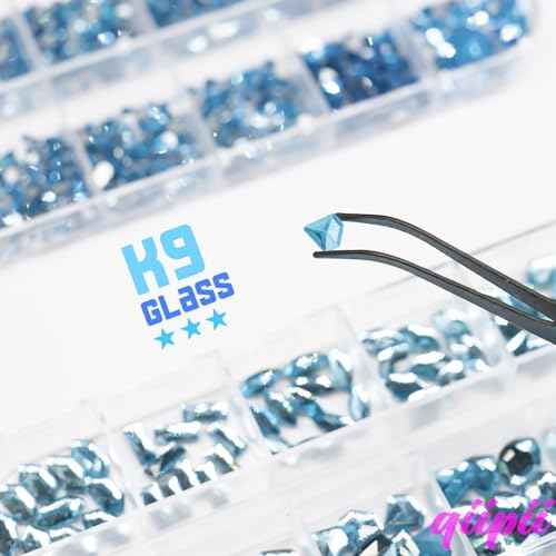 Light Blue Rhinestones for Nails Multi Shapes Crystal Flatback Rhinestones Gems Round Beads Glass Stones Diamonds Jewels w Wax Pen for Faces Eyes Makeup Crafts