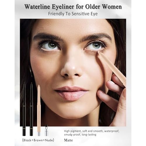 Black+Brown+Nude Waterline Eyeliner Pencil, Cream Gel Eye Liner Pencils for Older Women, Waterproof Smudge-Proof Retractable Eyeliner Pen, Long Lasting, Water Line Eye Liner for Sensitive Eyes-3Pcs