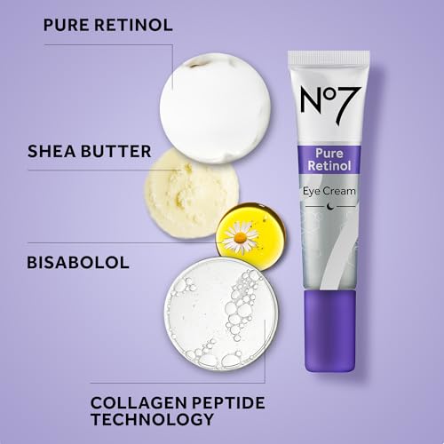 No7 Pure Retinol Eye Cream - Under Eye Cream for Wrinkles, Fine Lines & Puffiness with 0.5% Retinol - Infused with Shea Butter to Smooth and Hydrate Skin (0.5 Oz)