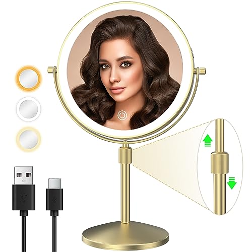 8" Lighted Makeup Mirror, 1X/10X Magnification Mirror with Lights, Double Sided Dimmable Mirrors, Rechargeable & Brightness & Height Adjustable, Cordless Vanity Mirror(Gold)