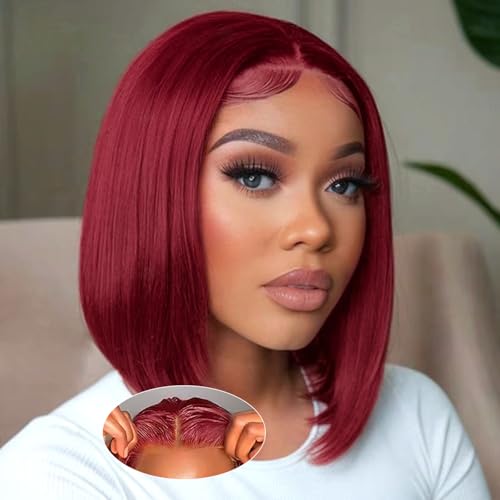 Burgundy Bob Wig Human Hair 5x5 HD Lace Closure Wigs Human Hair Glueless Straight Bob Wigs for Black Women Pre Plucked and Pre Bleached Knots Pre Cut Wear and Go 200 Density 12 Inch Short Wig