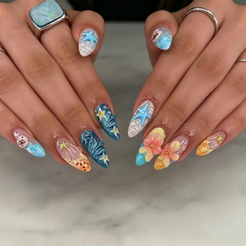 30Pc Medium Almond French Tip Press On Nails - Floral