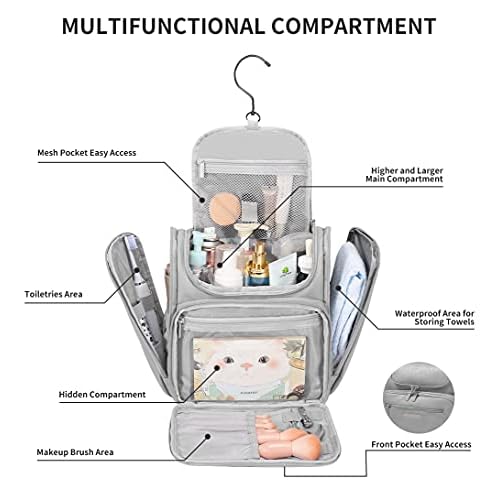 BOOMRICH Large Toiletry Bag for Women and Men, Hanging Leather Travel Makeup Bag with 360¡Æ Hook, Travel Organizer for Full Sized Container, Toiletries, Brushes, Blue Grey