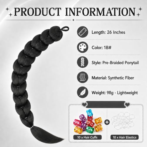 Black Braiding Hair Extensions Ponytail 26 Inch for Cosplay & Halloween