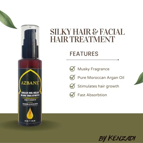 KENZADI Premium Moroccan Argan Oil Silky Hair & Facial Hair Beard Repair Treatment By Azbane 100% pure Oil (60 ML, 2oz)