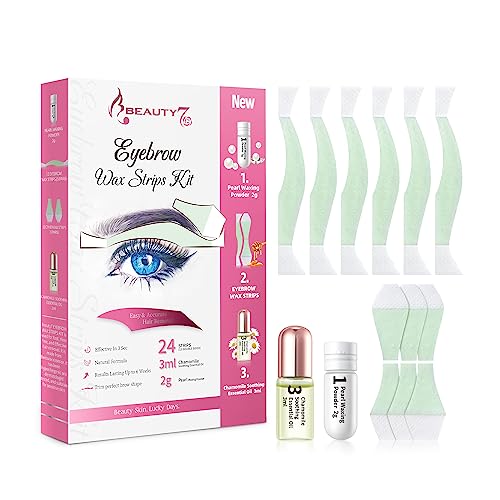 Beauty7 Hair Removal Kit, Eyebrow Wax Strips Kit Facial Wax Strips 24 Strips with Pearl Powder Essential Oil for Sensitive All Skin Types Women