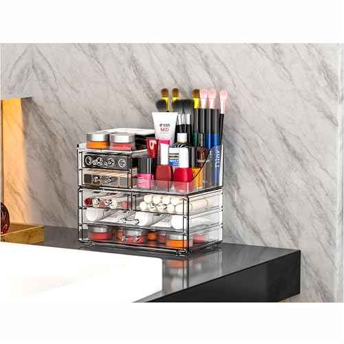 Cq acrylic Make Up Organizers for Vanity With 6 Drawers, 2 Pack Clear Drawer Organizers,Plastic Cute Desk Accessories Organization and Bathroom Organizers Storage Case Box Cube for Beauty,Skin Care