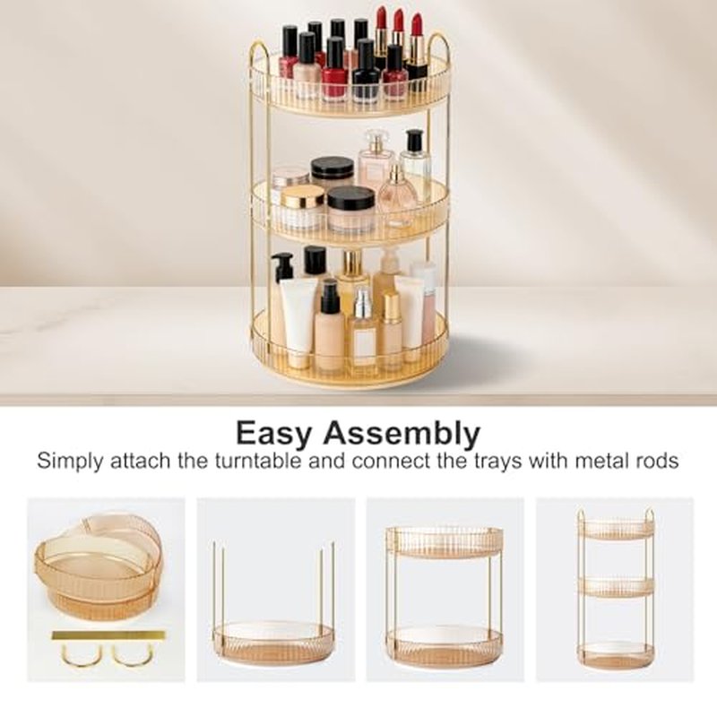 360° Rotating Makeup Organizer - 3 Tier Amber Gold Cosmetic Holder