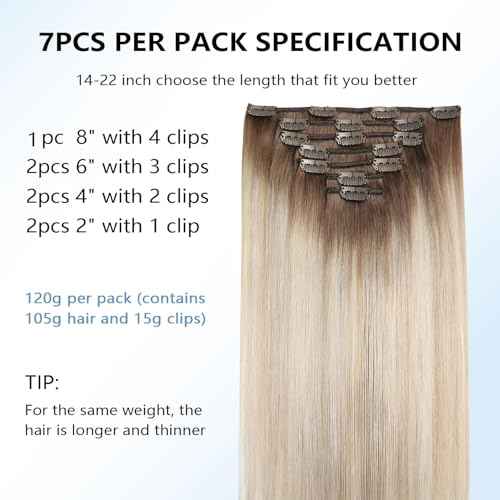 COOKAYU Clip in Hair Extensions Real Human Hair, 8/60/18 Ombre Real Hair Extensions Clip in Human Hair, Thick Silky Straight, 22inch 120g 7Pcs