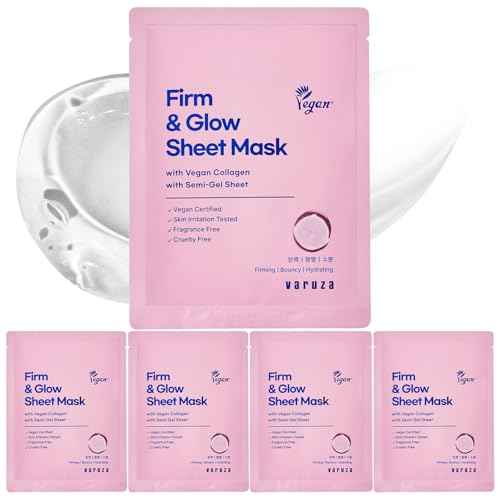 Firm & Glow Sheet Mask with Vegan Collagen Semi-Gel Sheet Biodegradable 100% Cellulose for Anti-Aging Hydration Elasticity Peptide Complex-9 Niacinamide 5 Count