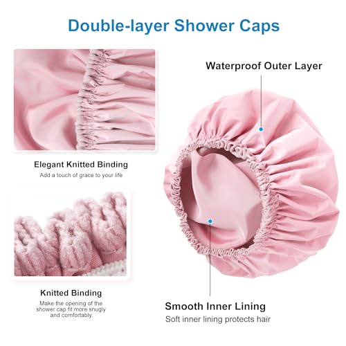 Large Waterproof Shower Cap for Women - Pink, Double-Layer Hair Bonnet