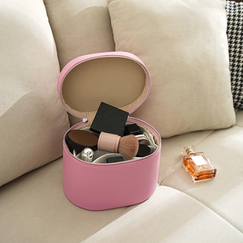 Pink Aesthetic Makeup Bag, Travel Makeup Vanity Case with Divider and Handle, Waterproof PU Leather Cosmetic Organizer Bag, Portable Toiletry Bag for Women(02Pink)