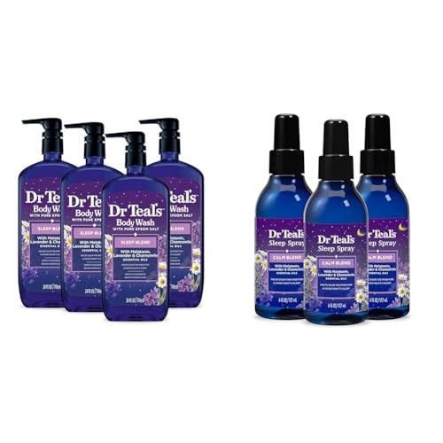 Dr Teal's Body Wash & Sleep Spray Bundle with Melatonin, Lavender & Chamomile - Pack of 4, 24 fl oz & Pack of 3, 6 fl oz