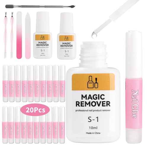 TADOPRO Nail Glue & Remover Set, 20Pcs Press on Nail Glue Strong 2Pcs 10ML Nail Glue Remover with 3 Cuticle Pusher 2 Nail File Easy to Apply Nail Tips & Acrylic Fake Nails Quick Drying Adhesive