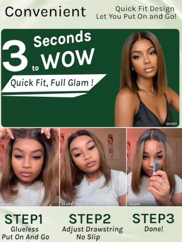 KLAIYI Glueless Bob Wig 14" Yaki Straight Chestnut Brown Human Hair