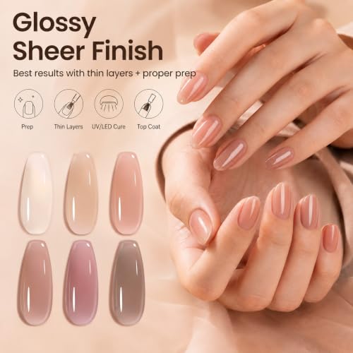 Beetles Nude Gel Nail Polish Set - 6 Colors Sheer Neutral Jelly UV Gel Kit