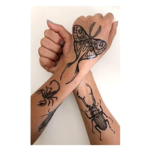 Temporary Tattoo for Adult Women - 2 Sheets - Black Big Moth Beetle Scorpion Dragonfly Bee Insect Sleeve Words Adults Tattoos