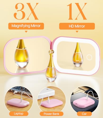 Gospire Lighted Travel Makeup Mirror 3X Magnification Pink
