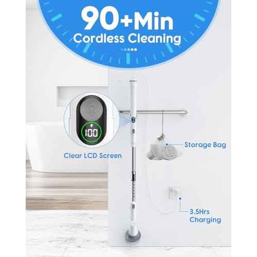 Electric Spin Scrubber with Big Display, Fast Charging Cordless Cleaning Brush with Adjustable Long Handle, 2 Speeds & 4 Replaceable Brush Heads, 1.5H Runtime Shower Scrubber for Deep Cleaning