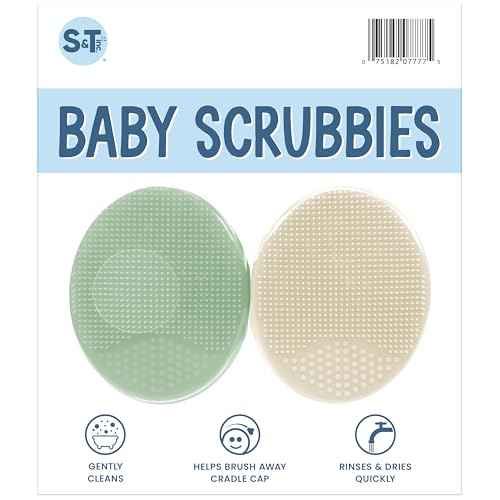 S&T INC. Exfoliating and Massaging Cradle Cap Bath Brushes for Baby, Silicone - 2 Inch x 2.5 Inch, Sage Green & Cream, 2 Pack