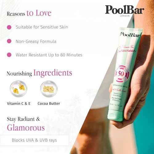 PoolBar SPF 50 Hydrating Mineral Body Sunscreen Cream for Women and Men Skin Care - Coconut Vanilla Scent Sun Care, Vegan and Water Resistant, Broad Spectrum Sunscreen, 130 ml (4.3 Fl. Oz) (Pack of 3)
