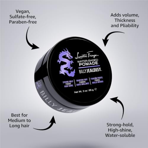 Billy Jealousy Lunatic Fringe Water-Based Pomade for Men - Strong Hold & High Shine, 3 oz