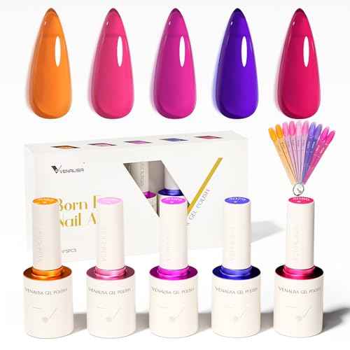 VENALISA Gel Nail Polish Set, 5 Colors 10ML Gel Polish Kit Orange Purple Pink Color Soak Off Salon Manicure DIY at Home Nail Art For Girls Women