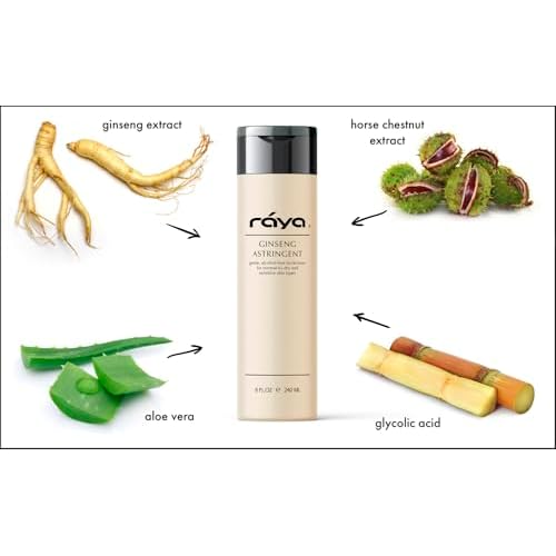RAYA Ginseng Astringent with AHA 8 oz (G-205) | Gentle Glycolic Facial Toner for Dry and Sensitive Skin | Helps Tighten Pores, Smooth Complexion, and Reduce Fine Lines | Made with Alpha Hydroxy Acids