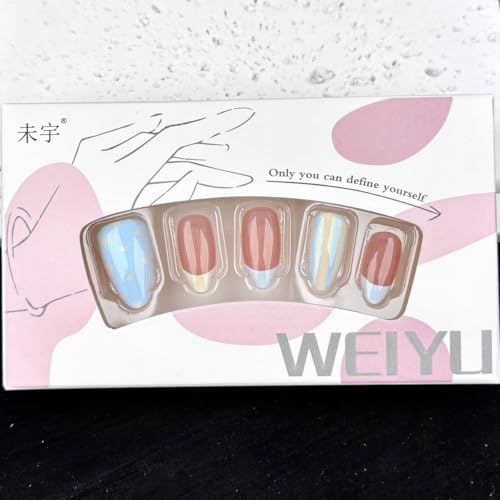 Short Almond Press On Nails - French Tip & Polka Dot Design, 30Pcs