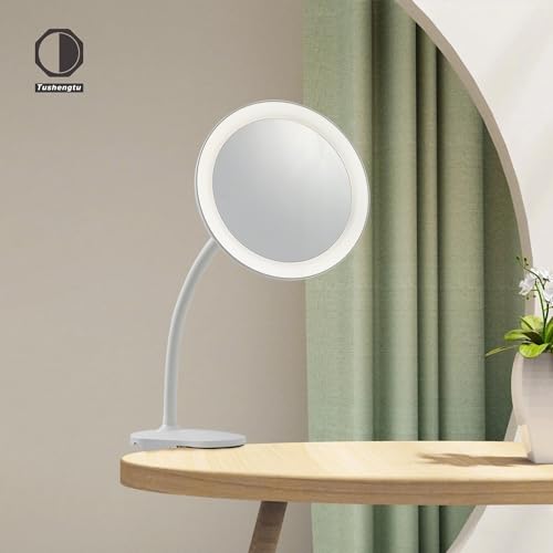 10X Magnifying Clip on Makeup Mirror Gooseneck, 6.5" Vanity Mirror with Light, 2000mAh USB Recharge 360¡Æ Rotating,Clip On Gooseneck Magnifying Vanity Mirror with Light,Travel Makeup Mirror (White 10X)