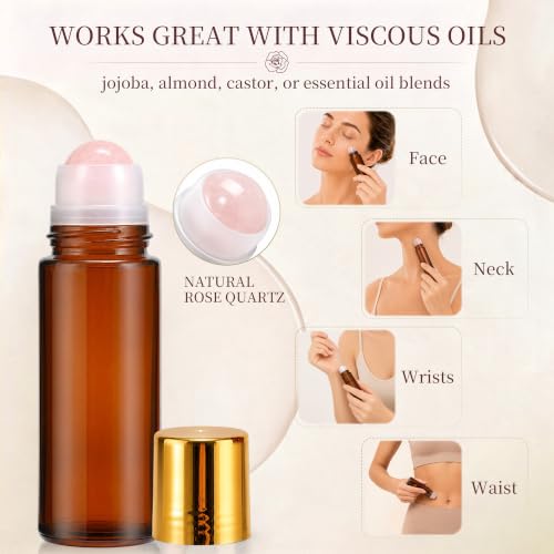 Pink Rose Quartz Roller Bottle 50ml Refillable Amber Glass Travel Perfume with Leak-Proof Cap