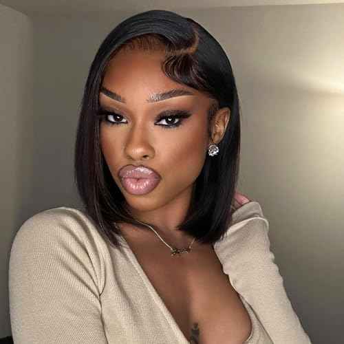 BLY 13x6 HD Lace Front Bob Wig 12 Inch C Part Short Straight Human Hair Wigs Side Part Pre Plucked Glueless Wig for Women Natural Black Color 180 Density