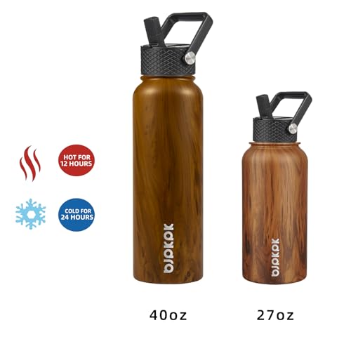 BJPKPK Insulated Water Bottles with Straw Lid, 27oz Stainless Steel Water Bottle with 3 Lids, Leak Proof BPA Free Metal Thermos Mug, Sports Water Bottle Keep Cold & Hot- Teakwood