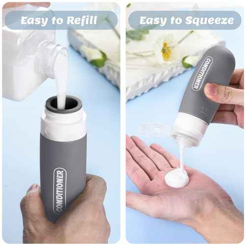 Silicone Travel Bottles for Toiletries with Labels, 3oz TSA Approved Squeezable Travel Size Containers, Leak Proof Travel Shampoo and Conditioner Bottles with Toiletry Bag (4 Pack, Dark Color)