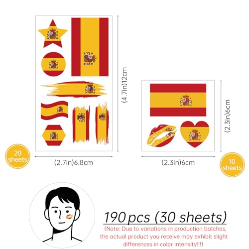 Spanish Flag Temporary Tattoos - 190pc Waterproof Tattoo Stickers