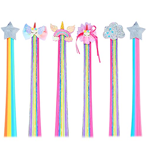 Rainbow Hair Clips for Girls, 6 Pc Set with Extensions