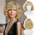 Haloo 12 Inch Light Blonde Short Wig with Bangs - Wavy Curly Synthetic Hair