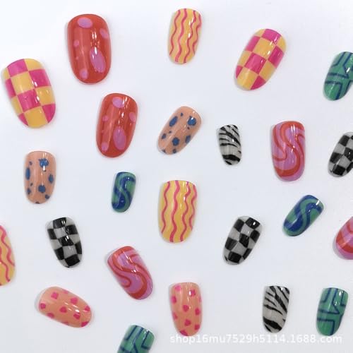 Short Almond Press-On Nails Set - 24pcs Colorful Acrylic with Geometric Design