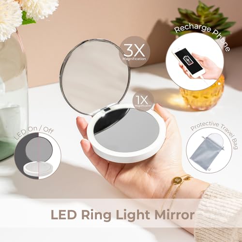 stylPro Flip N Charge Power Bank Compact Mirror with LED Light - Handheld Pocket Magnifying Mirror Travel Makeup & Hair Styling - 2 in 1 USB Charger - Mini Portable Mirror for Purse - 1 Piece