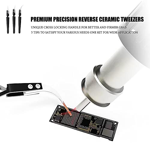 Precision Tweezers Reverse Ceramic Tweezers 3 PCS Electronic Tweezers, Soldering Hot Tweezers Self Locking Tweezers with Ceramic Tips-UY3
