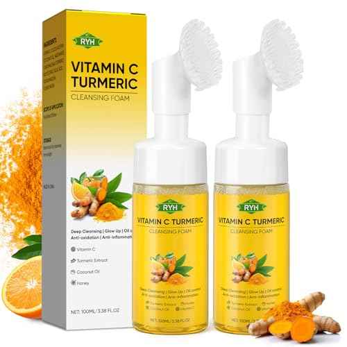 RYH 2pcs Turmeric Face Wash with Vitamin C, Deep Cleansing Face Wash Set, Glow Turmeric Facial Cleanser Foam, Vitamin C for Face, Gentle Facial Cleanser for Smoothing Skin 3.38 Fl.Oz/pc