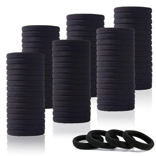 100PCS Black Soft Seamless Cotton Hair Ties for Women and Girls, Thick/Thin Hair Ponytail Holders, No Crease No Damage Elastics (1.6 Inch Diameter)