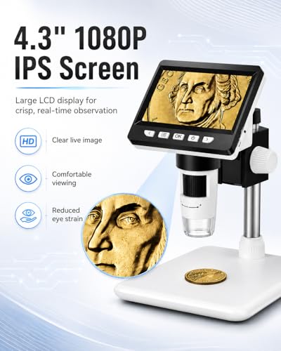AOPICK White Digital Coin Microscope 1000X with 4.3" LCD, 1080P USB, 8 LED Lights