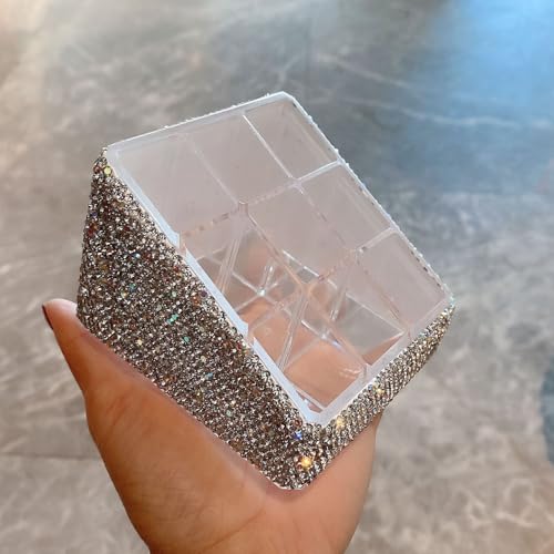 Bling Rhinestone 9-Compartment Lipstick Display Stand ? Elegant Desktop Lipsticks Organizer Box Holder for Lipsticks Lip Gloss (Silver)