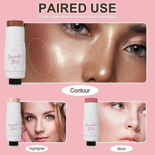 3 Pcs Cream Contour Stick Makeup Kit,Shades with Highlighter Stick,Blush Stick and Bronzer Contour Stick for Brightening and Trimming the Cheeks, Non-greasy, Waterproof Long-lasting Effect(#01,05,08)